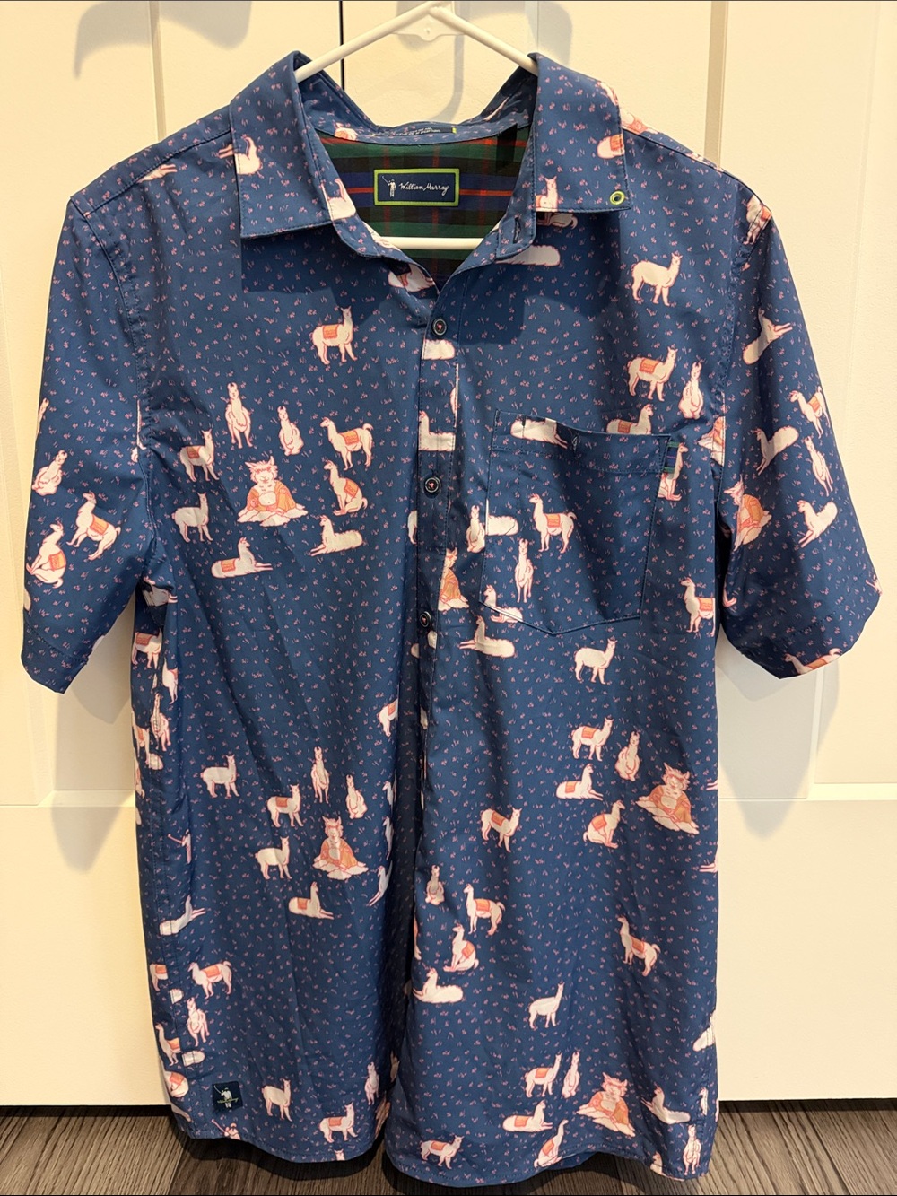 William Murray navy “The Llama” print short sleeve button front golf shirt